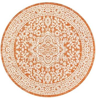 Jonathan Y Designs Sinjuri Medallion Textured Weave Indoor/Outdoor Round Area Rug in Orange/cream at Nordstrom, Size 5Ft 0In X 5Ft 0In