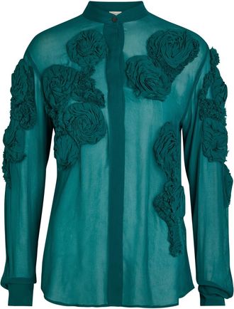 Dries Van Noten Chowsa Floral-appliqu&eacute;d Chiffon Shirt - Petrol - 38 (UK10 / S)