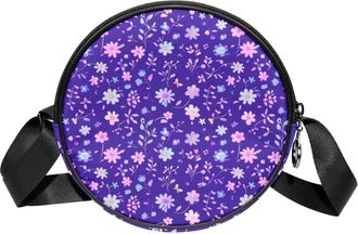 Generic Circle Crossbody Bag for Women, Floral Purple Prints Small Sling Bag Daypack with Zipper Adjustable Shoulder Straps Casual Ladies Girls Round Purse