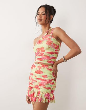AFRM Jinx - Minigonna in rete color lime a fiori rosa con volant in coordinato-Multi