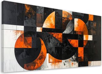 Feeby Cuadro Sobre Lienzo, Abstracci&oacute;n C&iacute;rculos Formas Negro Naranja, 120x60