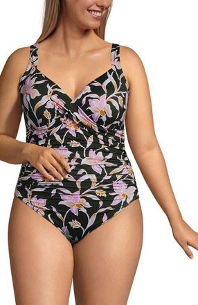 Lands End Sweetheart Underwire Wrap One Piece Swimsuit in Tropic Floral/rich Olive at Nordstrom, Size 26W