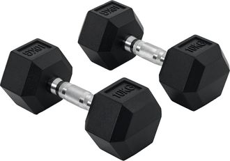 HOMCOM Juego De 2 Mancuernas De 10 Kg Con Barra De Conexi&oacute;n Met&aacute;lica, Cabeza Hexagonal Para Entrenamiento En Casa, Color Negro Y Plata