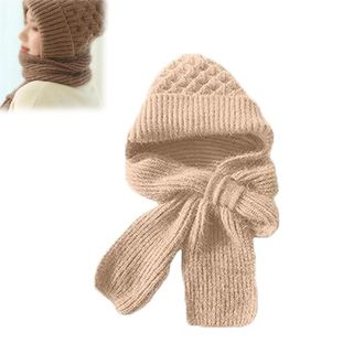 Generic Winter Versatile Knitted Hooded Scarf for Women Multicolor Integrated Ear Protection Windproof Cap Scarf Hat (Beige)