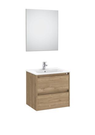 Roca Mueble Lavabo 600mm Tenet 2 Cajones + Espejo Y Aplique Led Nogal
