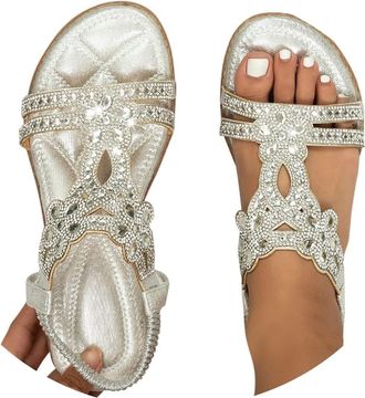 Generic Ladies Faux Leather Open Toe T-Bar Diamante Gem Stone Flat Summer Sandals Causal Lightweight Slip on Slides Platform Slippers Beach Holiday Essential 