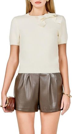 endless rose Bow Detail Short Sleeve Sweater in Cream at Nordstrom, Size X-Small