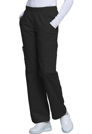 Cherokee Women Scrubs Pant Workwear Core Stretch Mid Rise Pull-On Cargo 4005, Black, M Petite