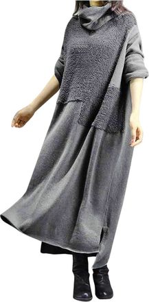 Generic Long Sleeve Maxi Dress for Women UK, Solid Splice Dress Winter Plush Warm Dress Casual Maxi Plus Size Dress Knee Length Long Dress Elegant Vintage Dre