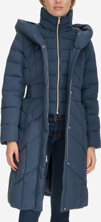 Cole Haan Womens Taffeta Down Coat With Elasticaded Waist Inserts - Blue Size Medium