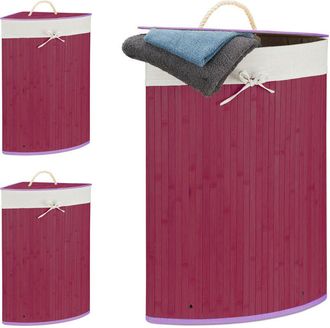 Relaxdays 3x Cesta Porta-Biancheria Angolare in Bambù, 60 l, Pieghevole, con Coperchio, Sacco, 65,5x49,5x37 cm, Amarena