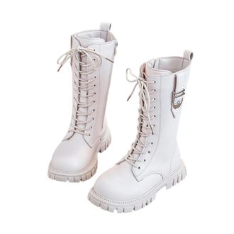 Generic Girls Lace-Up Mid Calf Combat Boots with Side-On Zipper Round Toe Water Proof Comfortable Warm Shoes Chunky Heel Non-Slip Casual Punk Goth Riding Walk