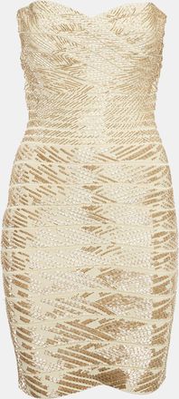 H&eacute;rve L&eacute;ger Beige/gold Stretch Knit Beaded Mini Dress