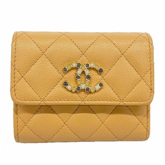 Chanel Beige Grained Calfskin Wallet (Tri-Fold) (Pre-Owned)