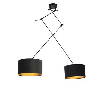 QAZQA Moderno L&aacute;mpara Colgante Negra Con Pantallas De Terciopelo Negro Y Dorado 35 Cm 2 Luces - Blitz Textil /acero Cil&iacute;ndra /alargada /redonda Adecuado Par