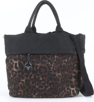 Prada Black Brown Leather Nylon Shoulder Bag Tote Bag (Pre-Owned)