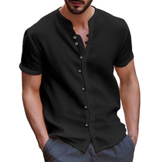 Generic Men Short Sleeve Linen Shirts Moisture Breathable Summer Shirt Simple Gym Shirt Button Down Tops Work Shirts Lightweight Everyday Casual Shirts Beach 