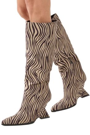 Misspap Faux Animal High Wedge Knee Boots, 6, Zebra