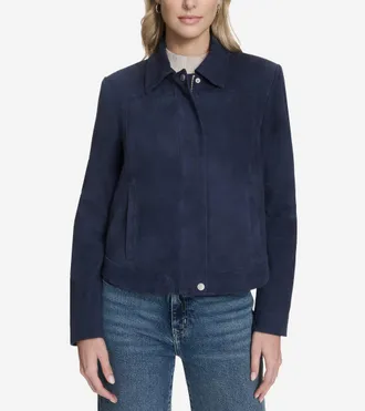 Cole Haan Womens Suede Shirt Collar Bomber Jacket - Blue Size Medium