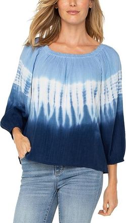 Liverpool L.A. 3/4 Sleeve Boat Neck Woven Top Womens Clothing Blue/White Tiedye : LG, Cotton