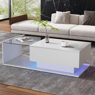 Matteo Modern High Gloss LED Coffee Table with Glass Top & Drawer, White