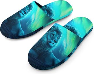 Generic Lion Northern Lights Cotton Slippers for Men Memory Foam House Slippers Soft Anti-skid Sole Indoor Outdoor Shoes