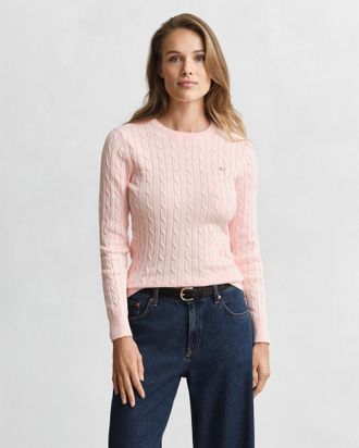 GANT Strickpullover GANT STRETCH COTTON CABLE C-NECK, Damen, Gr. XXL, apricot pink, Strick, Obermaterial: 88% Baumwolle, 10% Polyamid, 2% Elasthan, schmal 