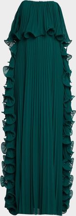 Badgley Mischka Strapless Pleated Ruffle Gown