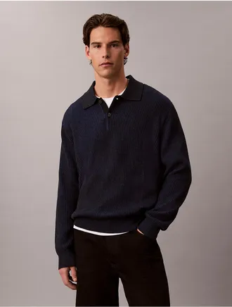 Calvin Klein Mens Cotton Relaxed Polo Sweater - Black - XL