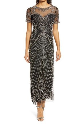 Pisarro Nights Illusion Beaded Mesh Column Gown in Black at Nordstrom, Size 10