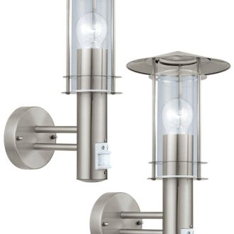 Loops 2 PACK IP44 Outdoor Wall Light & PIR Sensor Stainless Steel Lantern 60W E27 in Metallics