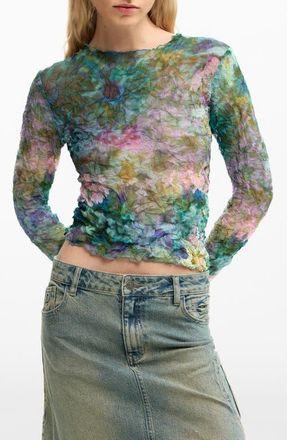 Desigual Crinkle Long Sleeve Crop Top in Blue at Nordstrom, Size Medium