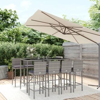 vidaXL Vidaxl - Mesa Y Taburetes Altos Jard&iacute;n 9 Pzas Y Cojines Rat&aacute;n Pe Gris
