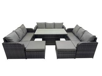 Fimous Rattan Garden Furniture Dining Set 11-seater with 2 Big Footstools in Dark Grey