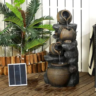 OUTSUNNY Solar Water Feature with LED Lights & Pump 4 Tier Water Fountain in Grey