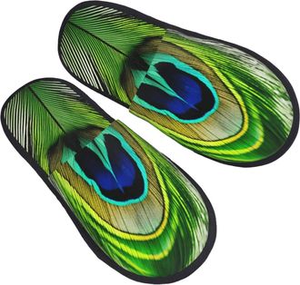 Generic Green Peacock Feather Men Women House Shoes Warm Slippers Cosy House Slippers For Bedroom Indoor Outdoor L