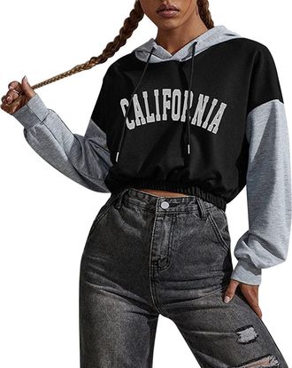 Generic Womens Los Angeles California Hoodies Letter Crop Top Ladies Pullover Tops 2024 Color Block Patchwork with Hood Casual Long Sleeve Sport Hooded Sporty