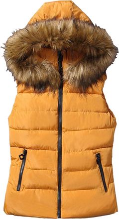 Generic Womens Thicken Winter Vest Warm Puffer Vest Quilted Casual Sleeveless Outerwear With Faxu Fur Hood Yellow Large