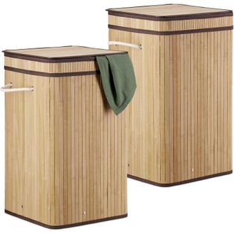 Relaxdays Relaxdays 2x Bamboo Pop-Up Laundry Hamper, with Handles, Portable, 70L Load, Square Laundry Bag, HxØ: 63 x 36cm, Natural