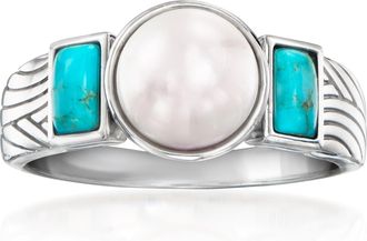 Ross-Simons 7.5-8mm Cultured Pearl Ring With Turquoise in Sterling Silver