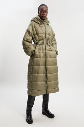 Karen Millen Womens Quilted Drawstring Waist Hooded Rib Cuff Maxi Puffer Coat - Green Nylon - Size 14 UK