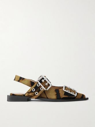 Ganni Ballerine Slingback A Punta In Misto Cotone Spazzolato Animalier Con Decorazioni - Stampa animalier
