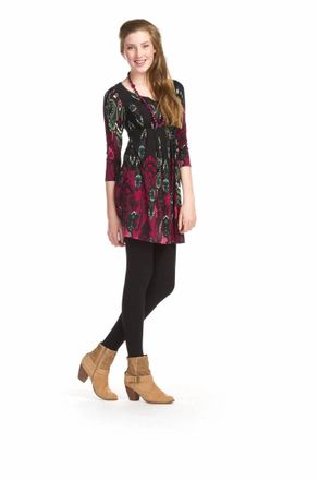 Papillon Paisley Border Print 3/4 Sleeve Pleated Waist Dress In Black