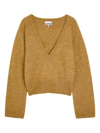 Ganni brushed V-neck sweater - Brown