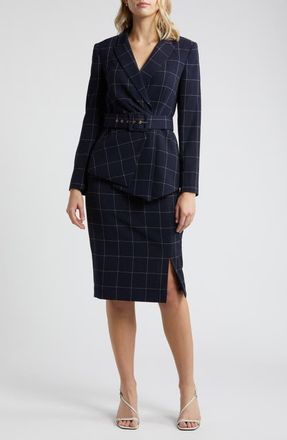 Tahari by ASL Windowpane Plaid Two-Piece Long Sleeve Dress in Navy Ivory at Nordstrom, Size 16