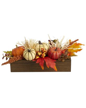 Nearly Natural 16in Harvest Pumpkin & Berries Artificial Arrangement in Wood Vase