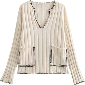 Generic Women Spring Style Color Contrast Stitch Head Knitted Sweater V-Neck Loose Casual Sweater Beige S