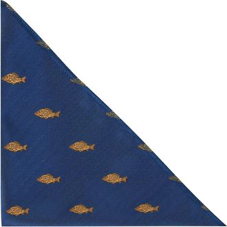 King & Priory Carp Fish Navy Blue Herringbone Embroidered Pocket Square, Handkerchief