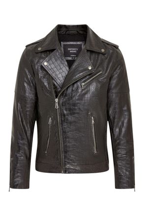 Infinity Leather Mens Black Cow Leather Alligator Print Embossed Biker Jacket - Rot