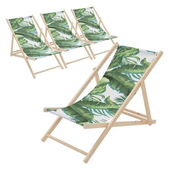 ECD Germany Ecd Germany 4x Sillas De Playa De Madera Con Dise&ntilde;o Tropical Verde-blanca Tumbona Plegable Con Respaldo Ajustable En 3 Posiciones De Reclinaci&oacute;n Asien
